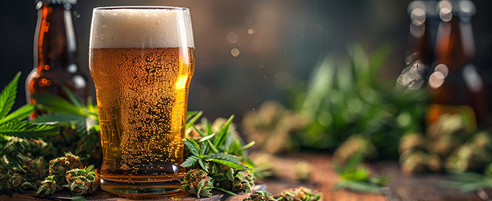 Ein Glas Bier steht auf einem Tisch mit Cannabis