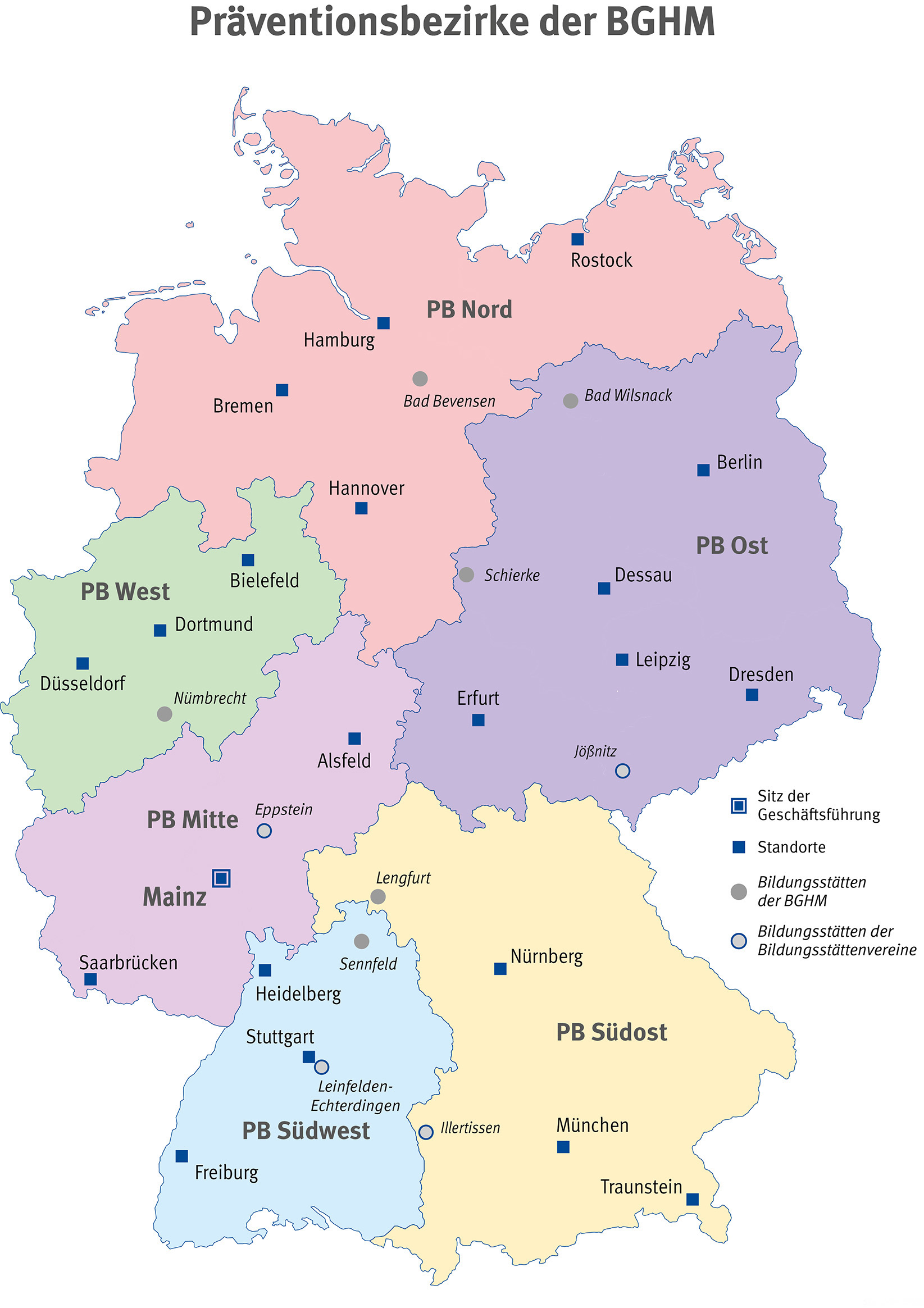 Deutschlandkarte der Standorte und Präventionsbezirke der BGHM